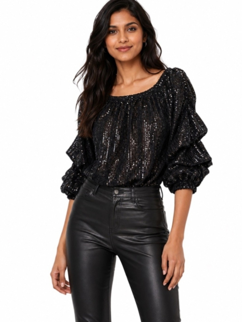 CeCe Black Sequin Puff Sleeve Blouse
